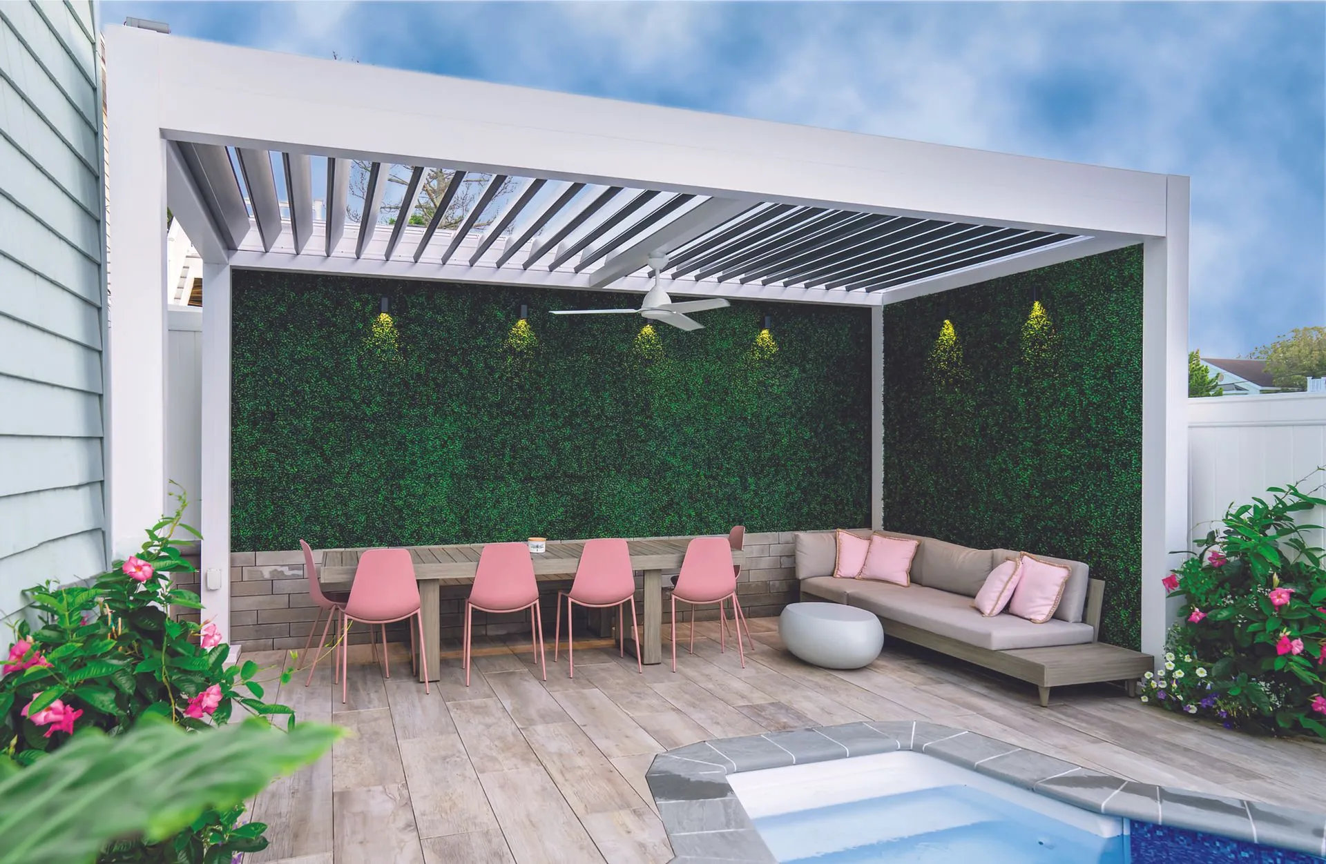 White and gray R-Blade louvered pergola